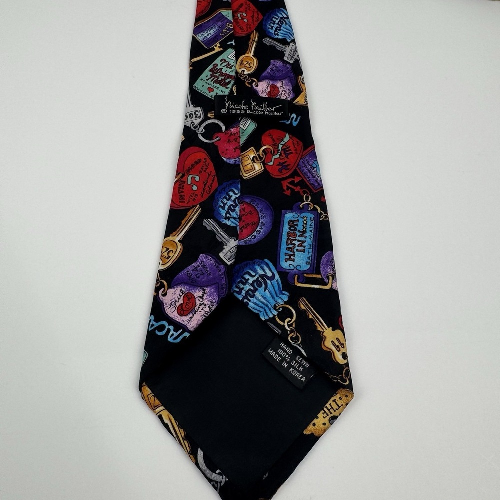 VTG Nicole Miller Motel Key Print Silk Necktie Novelty Tie Black 1993 - Picture 8 of 9
